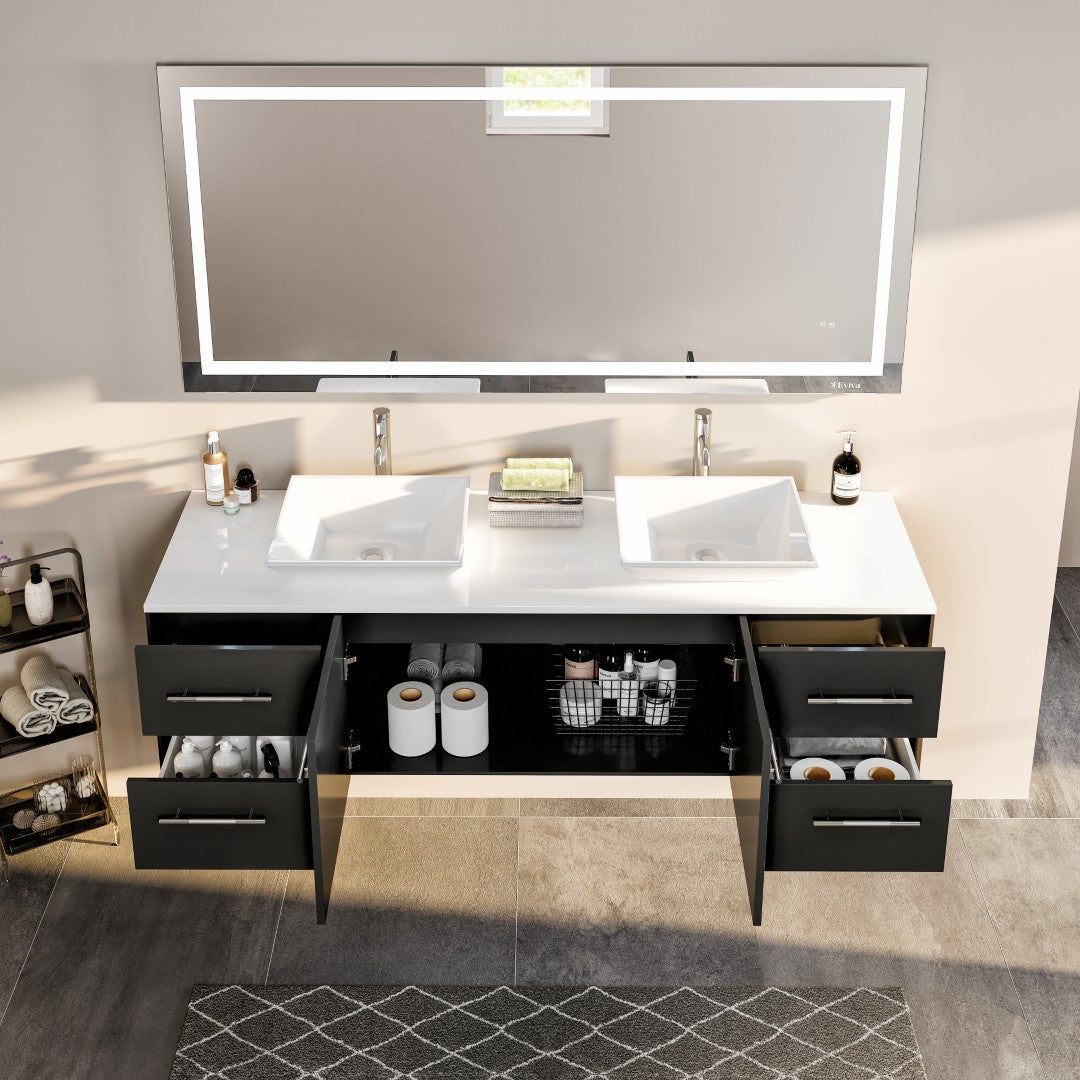 Wave 60 in. Espresso Wall Mount Double Sink  Bath Vanity with White Quartz Top and Vessel Porcelain Sinks