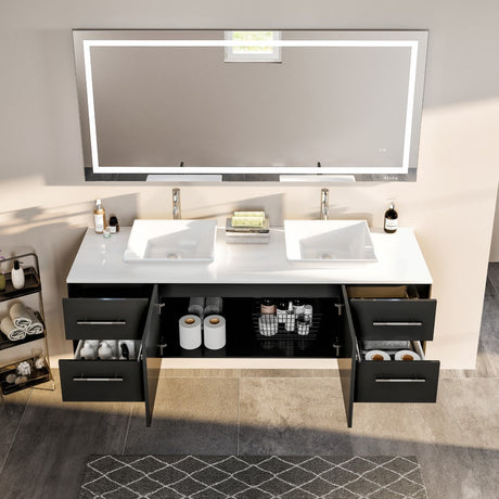 Wave 60 in. Espresso Wall Mount Double Sink  Bath Vanity with White Quartz Top and Vessel Porcelain Sinks