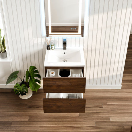 Joy 24 in. Rosewood Wall Mount Single Sink Bath Vanity with Porcelain Top and Integrated Sink