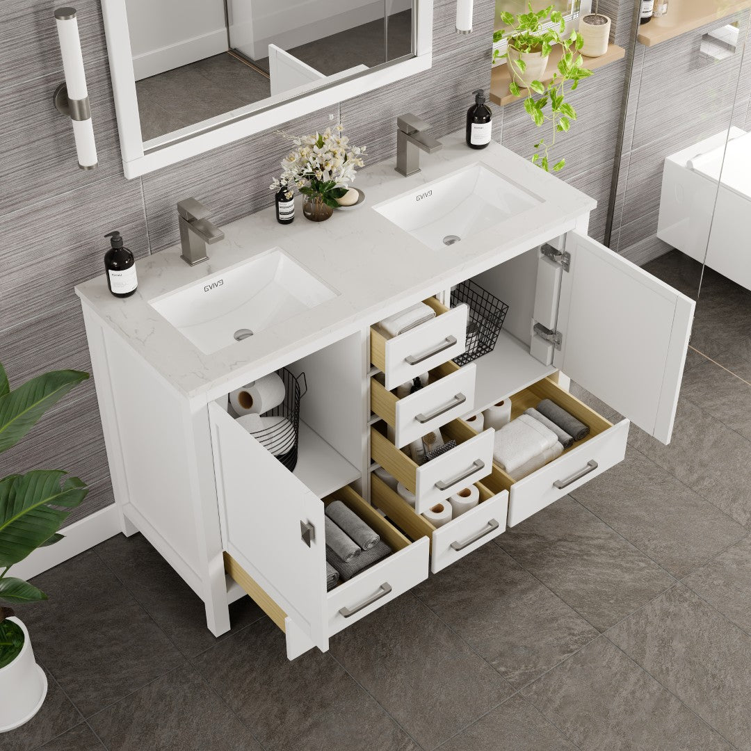 London 48 in. White Double Sink  Bath Vanity with Carrara Quartz Top and Undermount Porcelain Sinks