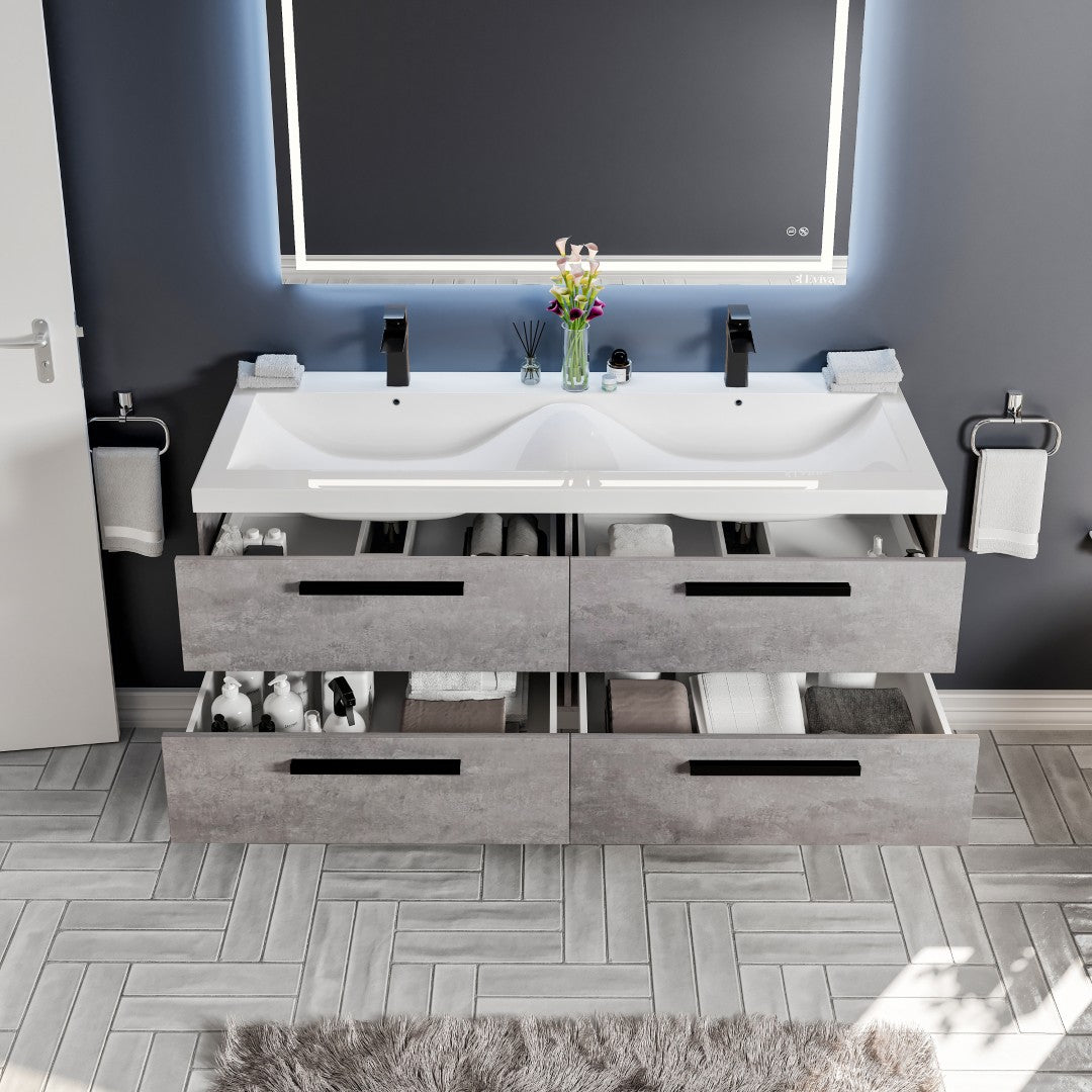 Surf 57 in. Concrete Gray Wall Mount Double Sink  Bath Vanity with Acrylic Top and Integrated Sinks