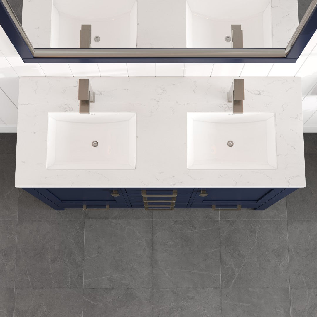 London 54 in. Blue Double Sink  Bath Vanity with Carrara Quartz Top and Undermount Porcelain Sinks