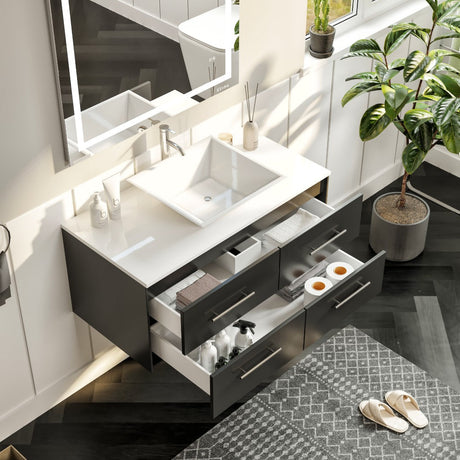 Wave 36 in. Espresso Wall Mount Single Sink Bath Vanity with White Quartz Top and Vessel Porcelain Sink