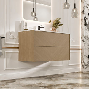 Lotus 30 in. Natural Oak Wall Mount Single Sink Bath Vanity with Solid Surface Top and Integrated Sink