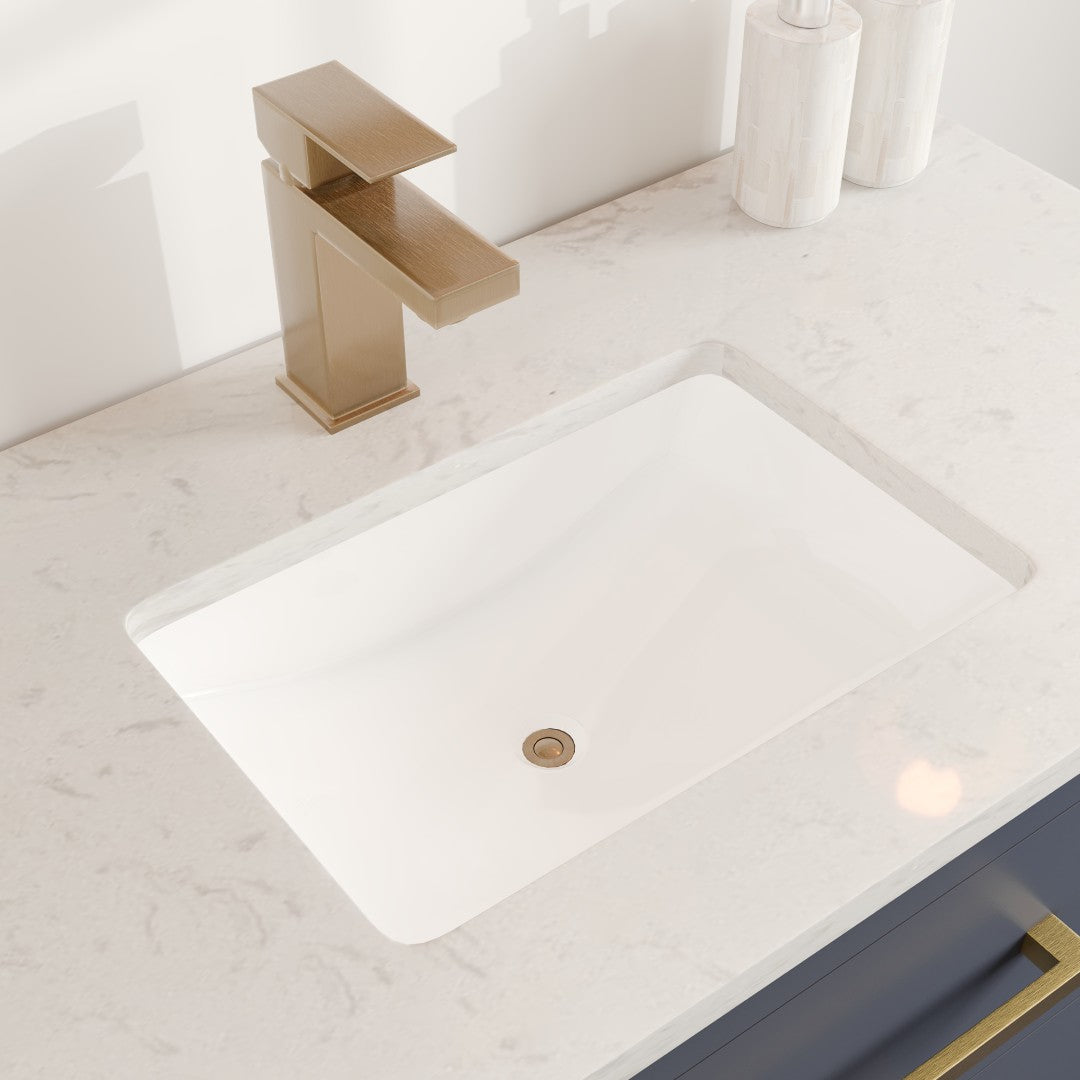 Curio 36 in. Dark Blue Single Sink Bath Vanity with Carrara Quartz Top and Undermount Porcelain Sink