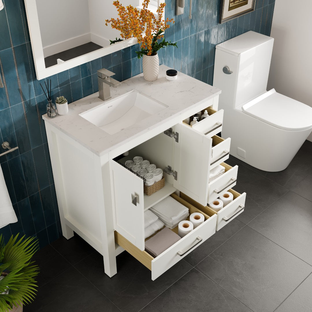 London 36 in. White Single Sink Bath Vanity with Carrara Quartz Top and Undermount Porcelain Sink