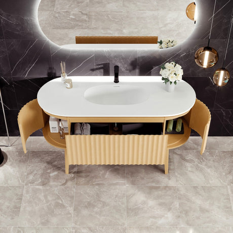 Haven 55 in. Natural Oak Single Sink Bath Vanity with Solid Surface Top and Integrated Sink