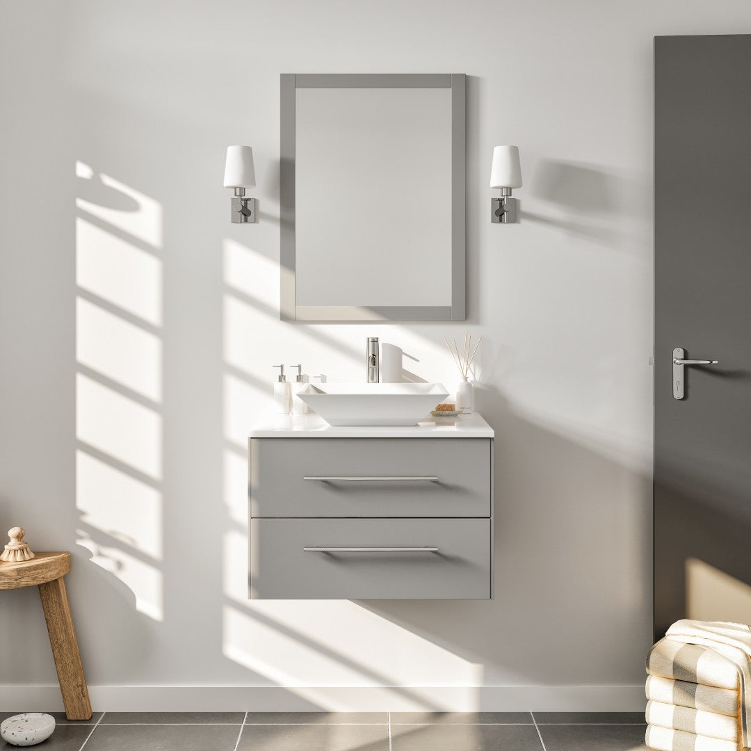 Wave 24 in. Gray Wall Mount Single Sink Bath Vanity with White Quartz Top and Vessel Porcelain Sink