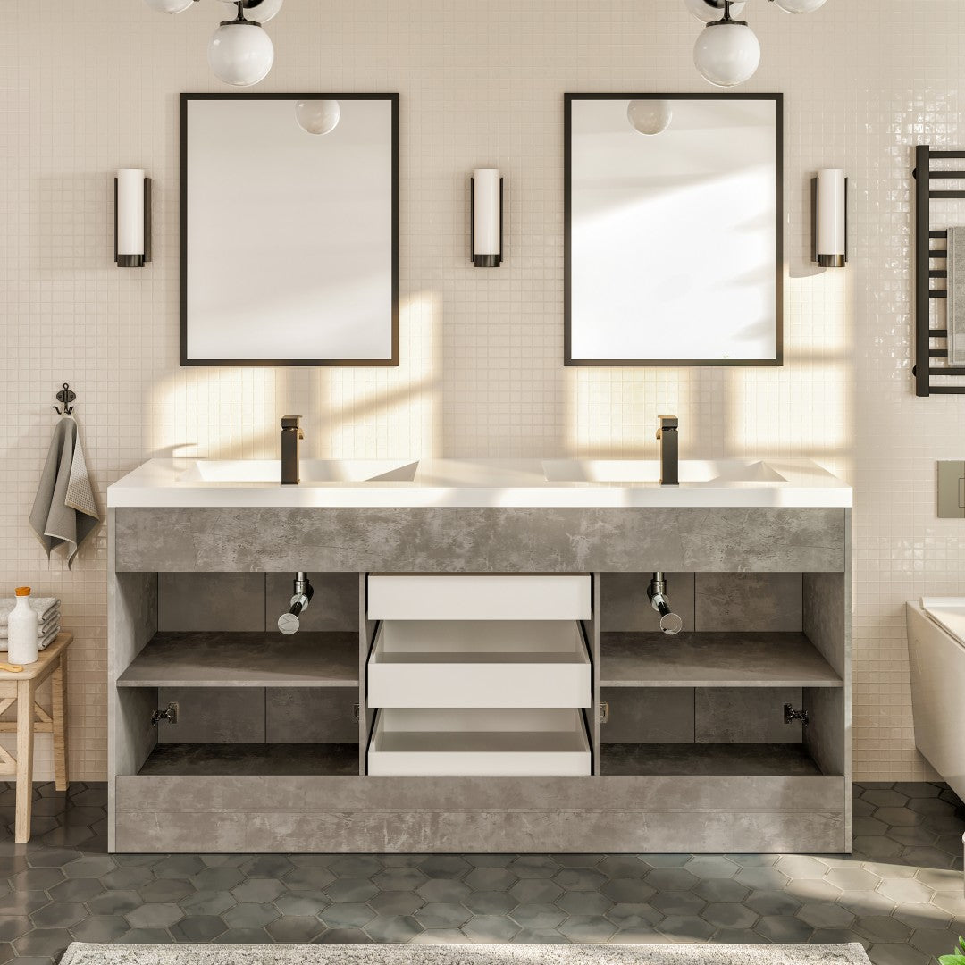 Lugano 72 in. Concrete Gray Double Sink  Bath Vanity with Acrylic Top and Integrated Sinks