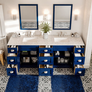 Epic 96 in. Blue Double Sink  Bath Vanity with Carrara Quartz Top and Undermount Porcelain Sinks