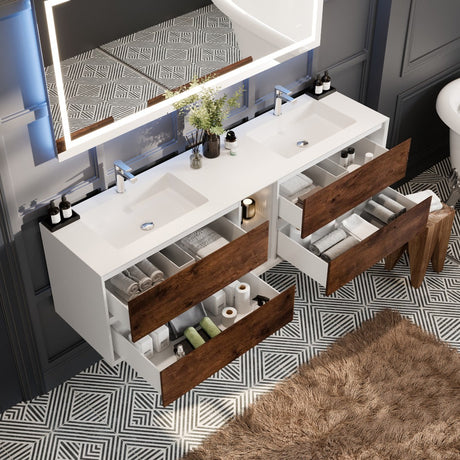 Vienna 75 in. Rosewood Wall Mount Double Sink  Bath Vanity with Acrylic Top and Integrated Sinks