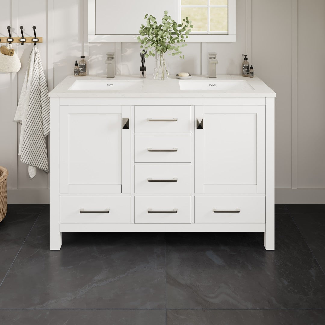 London 54 in. White Double Sink  Bath Vanity with Carrara Quartz Top and Undermount Porcelain Sinks