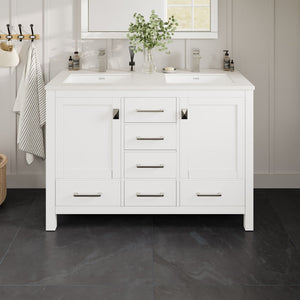 London 54 in. White Double Sink  Bath Vanity with Carrara Quartz Top and Undermount Porcelain Sinks
