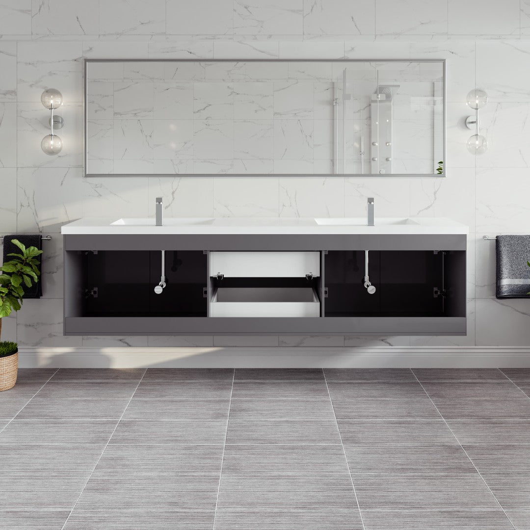 Lumina 84 in. Gray Wall Mount Double Sink  Bath Vanity with Acrylic Top and Integrated Sinks