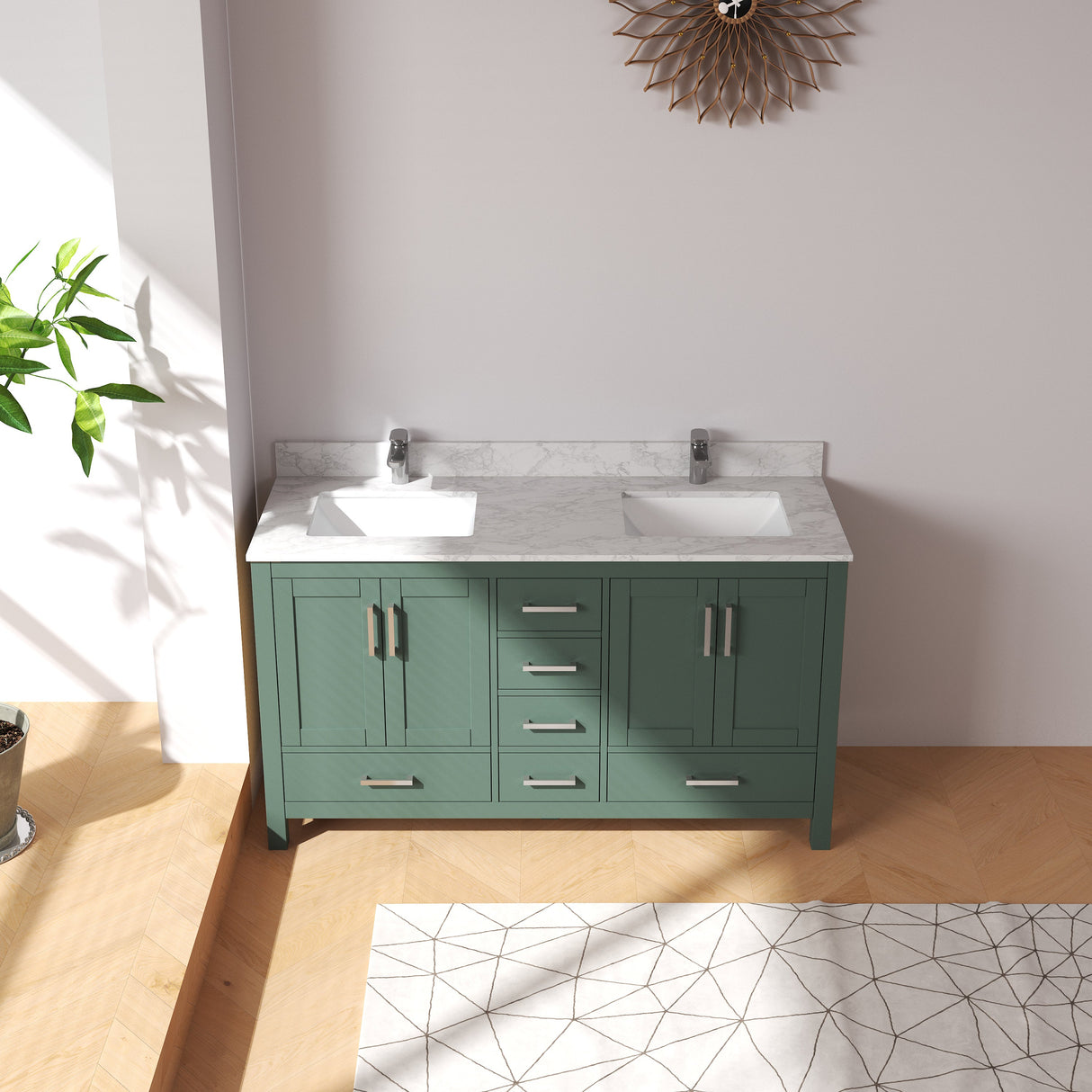 New England Home Goods Long 60" Double Sink Vanity in Green - Engineered Wood; Stone Top