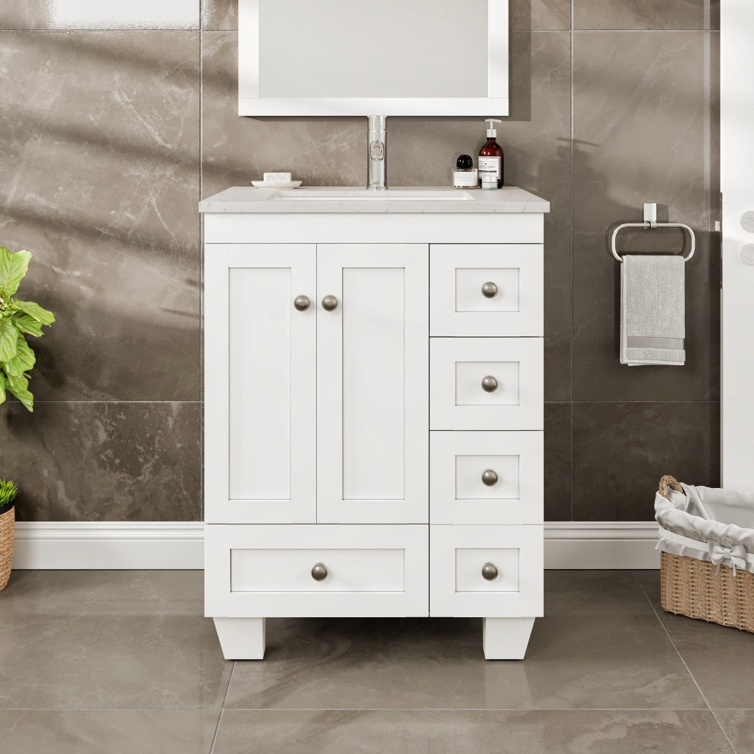Happy 24 in. White Single Sink Bath Vanity with Carrara Quartz Top and Undermount Porcelain Sink
