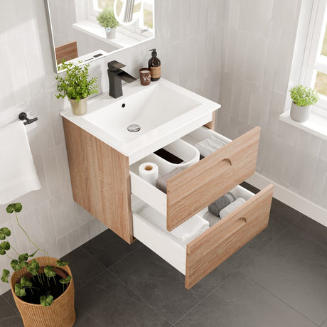 Joy 24 in. Maple Wall Mount Single Sink Bath Vanity with Porcelain Top and Integrated Sink