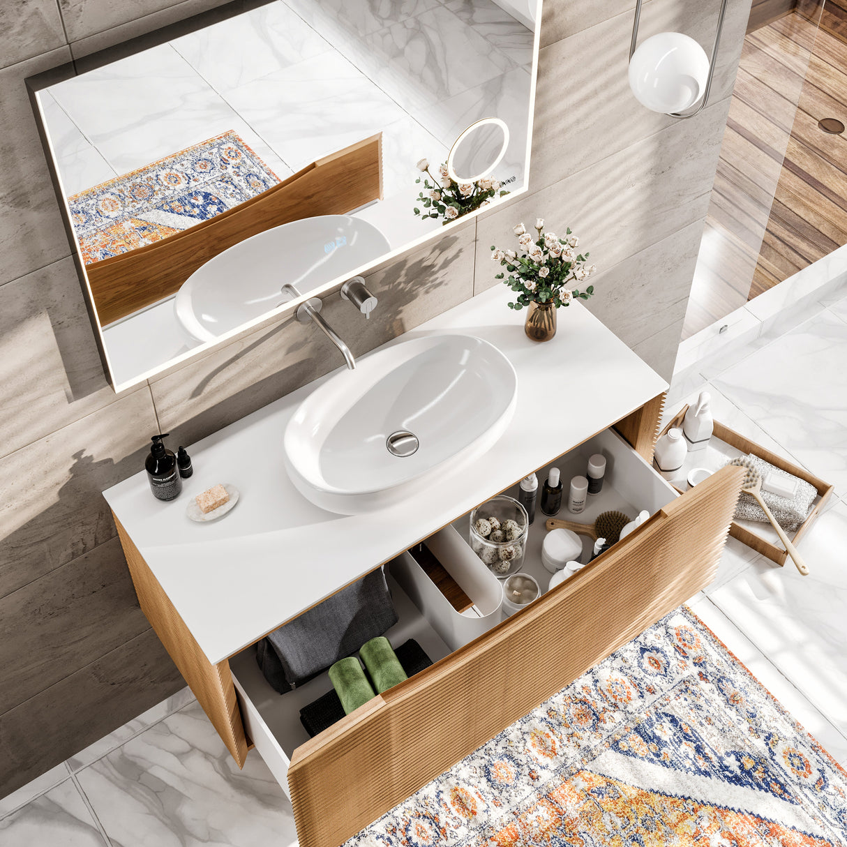 Leah 32 in. Medium Oak Wall Mount Single Sink Bath Vanity with Solid Surface Top and Vessel Solid Surface Sink