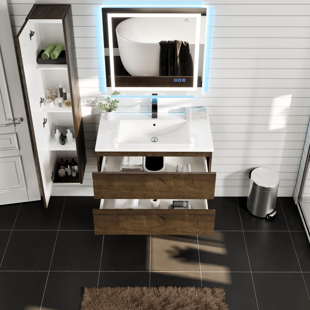 Joy 36 in. Rosewood Wall Mount Single Sink Bath Vanity with Porcelain Top and Integrated Sink
