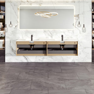 Lotus 71 in. Natural Oak Wall Mount Double Sink  Bath Vanity with Solid Surface Top and Integrated Sinks