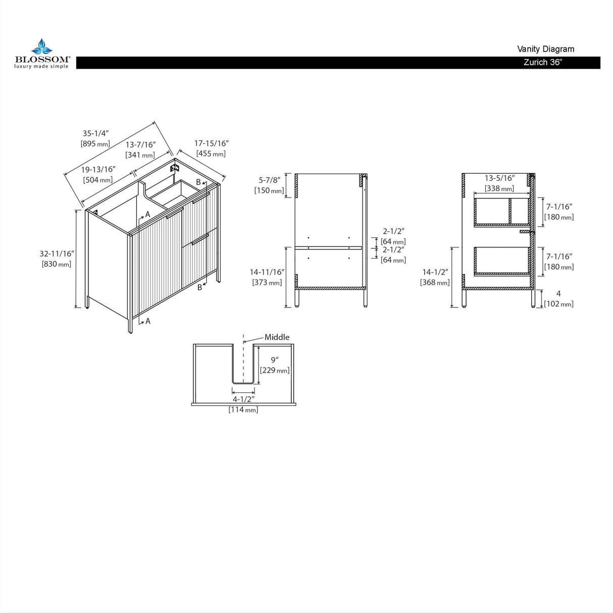 Blossom Zurich 36" Vanity – Glossy White & Metal Grey with Soft-Close Drawers & Ample Storage