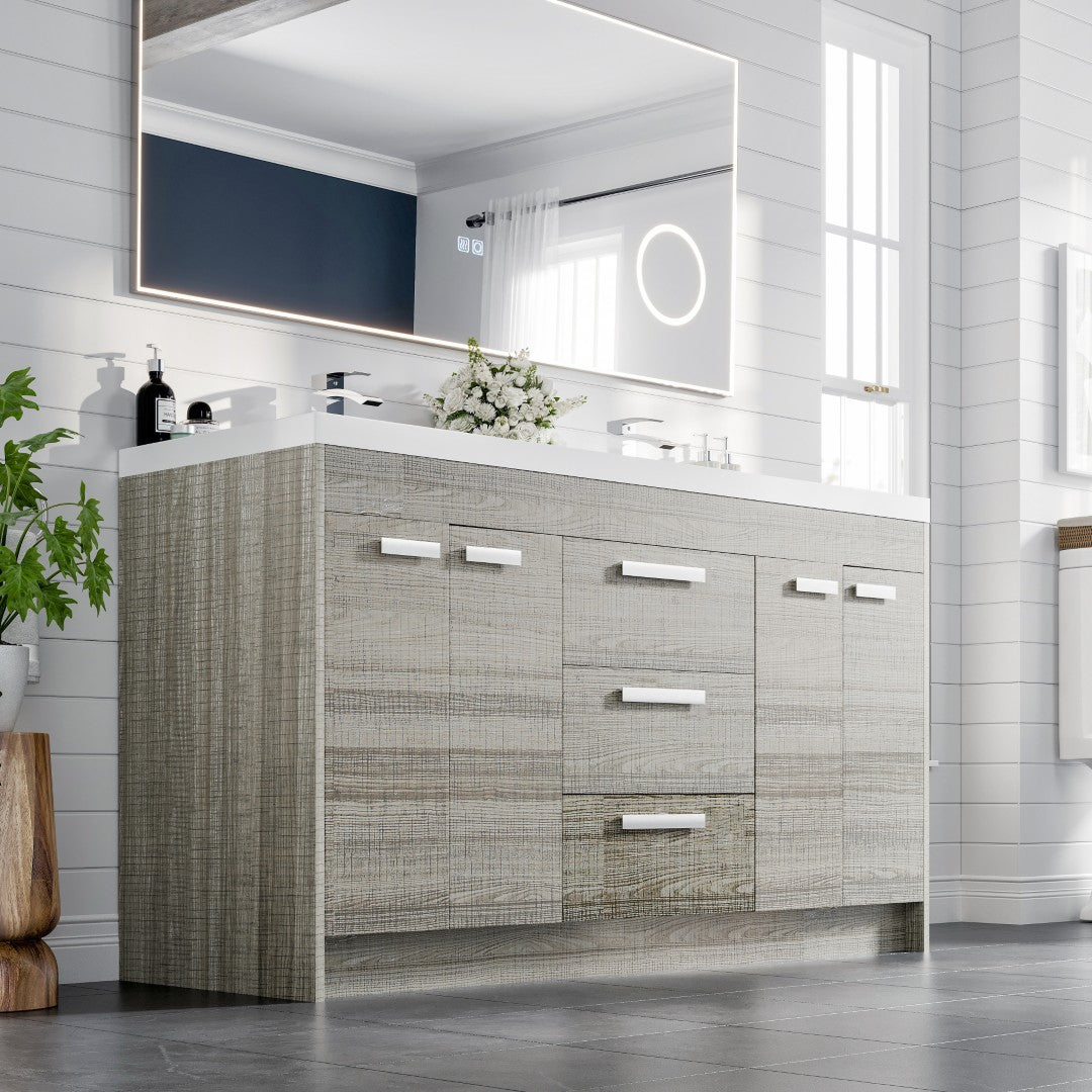 Lugano 60 in. Ash Double Sink  Bath Vanity with Acrylic Top and Integrated Sinks