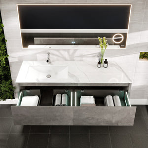 Aurora 60 in. Concrete Gray Wall Mount Single Sink Bath Vanity with Carrara Quartz Top and Undermount Porcelain Sink