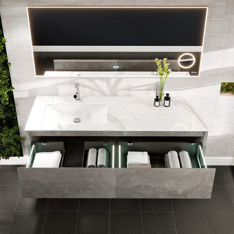 Aurora 60 in. Concrete Gray Wall Mount Single Sink Bath Vanity with Carrara Quartz Top and Undermount Porcelain Sink