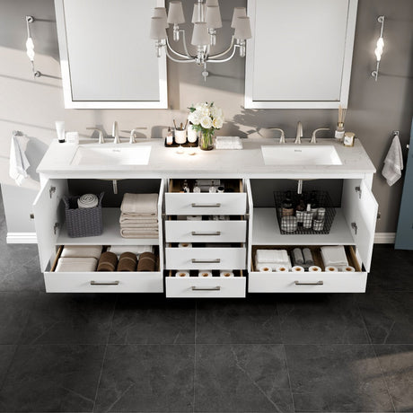 Aberdeen 84 in. White Double Sink  Bath Vanity with Carrara Quartz Top and Undermount Porcelain Sinks