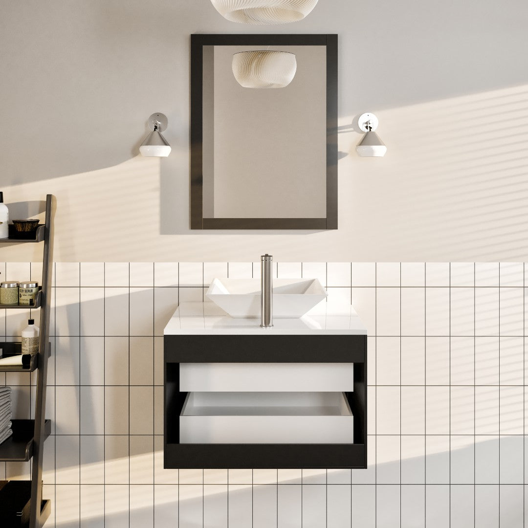 Wave 24 in. Espresso Wall Mount Single Sink Bath Vanity with White Quartz Top and Vessel Porcelain Sink