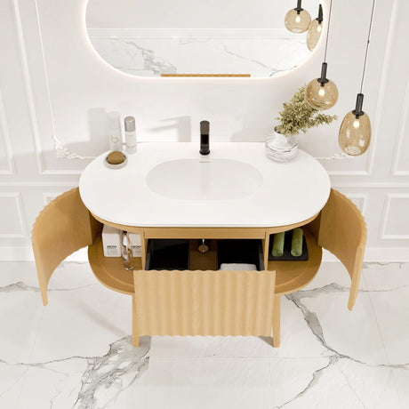 Haven 39 in. Natural Oak Single Sink Bath Vanity with Solid Surface Top and Integrated Sink