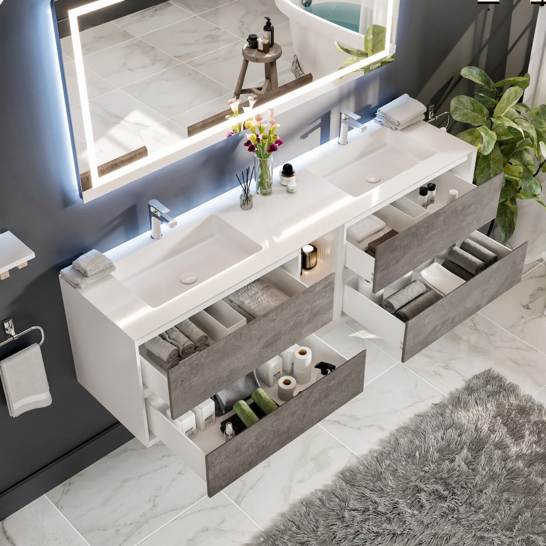 Vienna 75 in. Concrete Gray Wall Mount Double Sink  Bath Vanity with Acrylic Top and Integrated Sinks