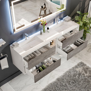 Vienna 75 in. Concrete Gray Wall Mount Double Sink  Bath Vanity with Acrylic Top and Integrated Sinks