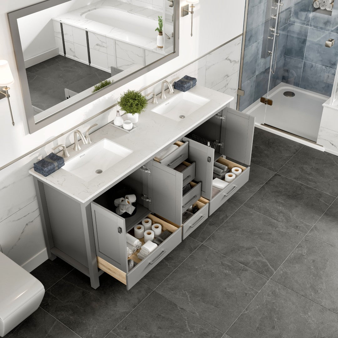 Aberdeen 72 in. Gray Double Sink  Bath Vanity with Carrara Quartz Top and Undermount Porcelain Sinks
