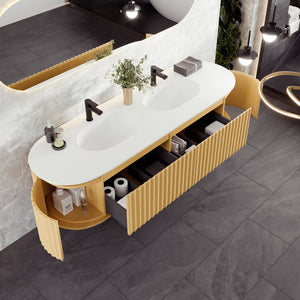 Haven 71 in. Natural Oak Wall Mount Double Sink  Bath Vanity with Solid Surface Top and Integrated Sinks