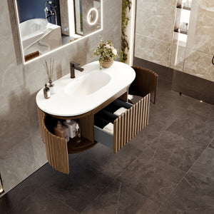 Haven 39 in. Medium Oak Wall Mount Single Sink Bath Vanity with Solid Surface Top and Integrated Sink