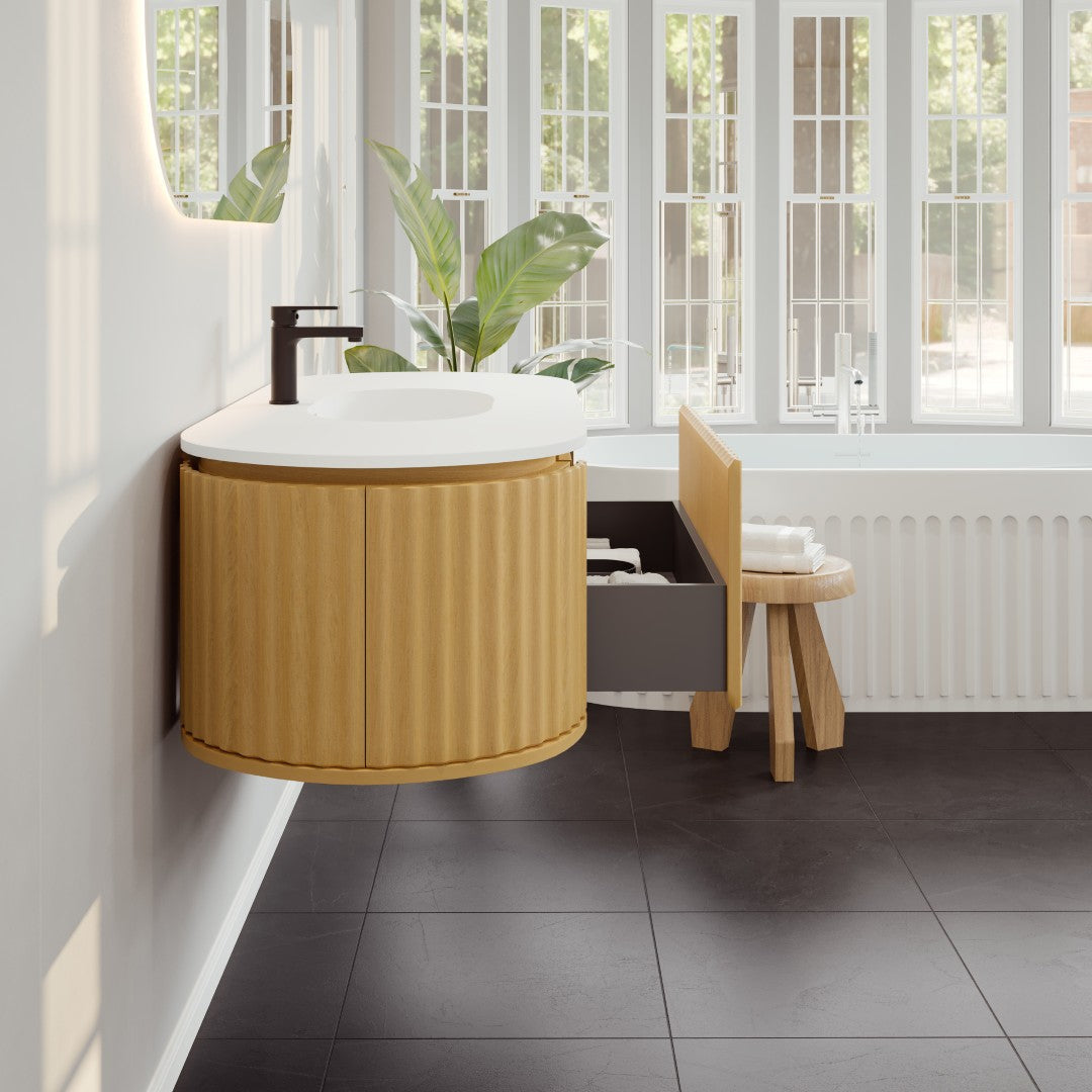Haven 55 in. Natural Oak Wall Mount Single Sink Bath Vanity with Solid Surface Top and Integrated Sink