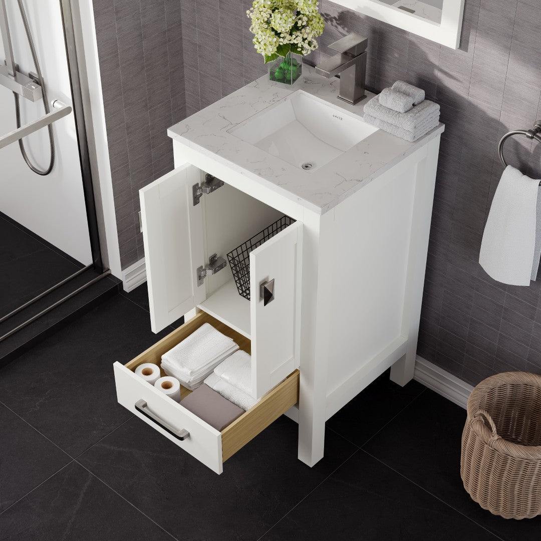 London 24 in. White Single Sink Bath Vanity with Carrara Quartz Top and Undermount Porcelain Sink