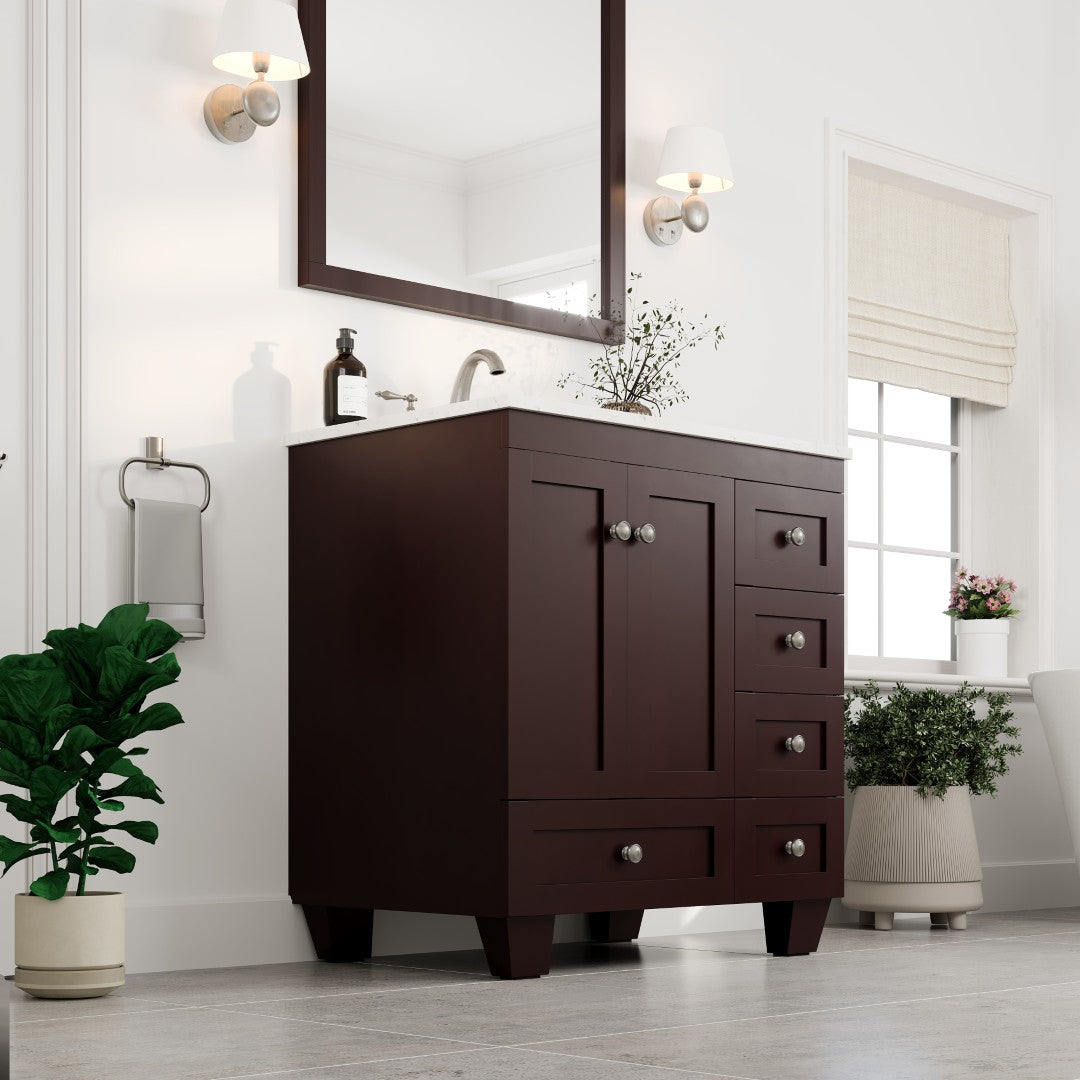 Acclaim 30 in. Teak Single Sink Bath Vanity with Carrara Quartz Top and Undermount Porcelain Sink