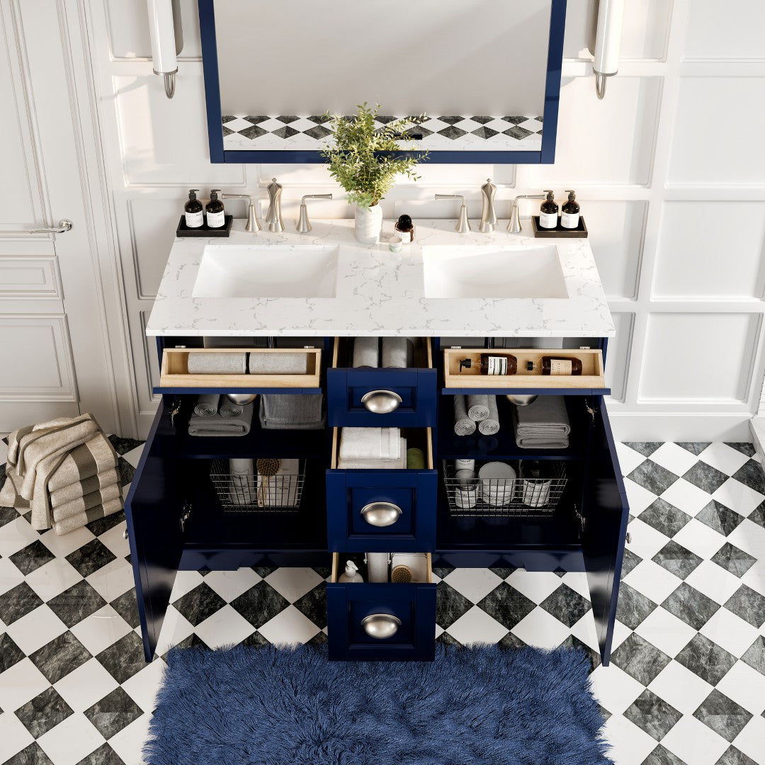 Epic 48 in. Blue Double Sink  Bath Vanity with Carrara Quartz Top and Undermount Porcelain Sinks