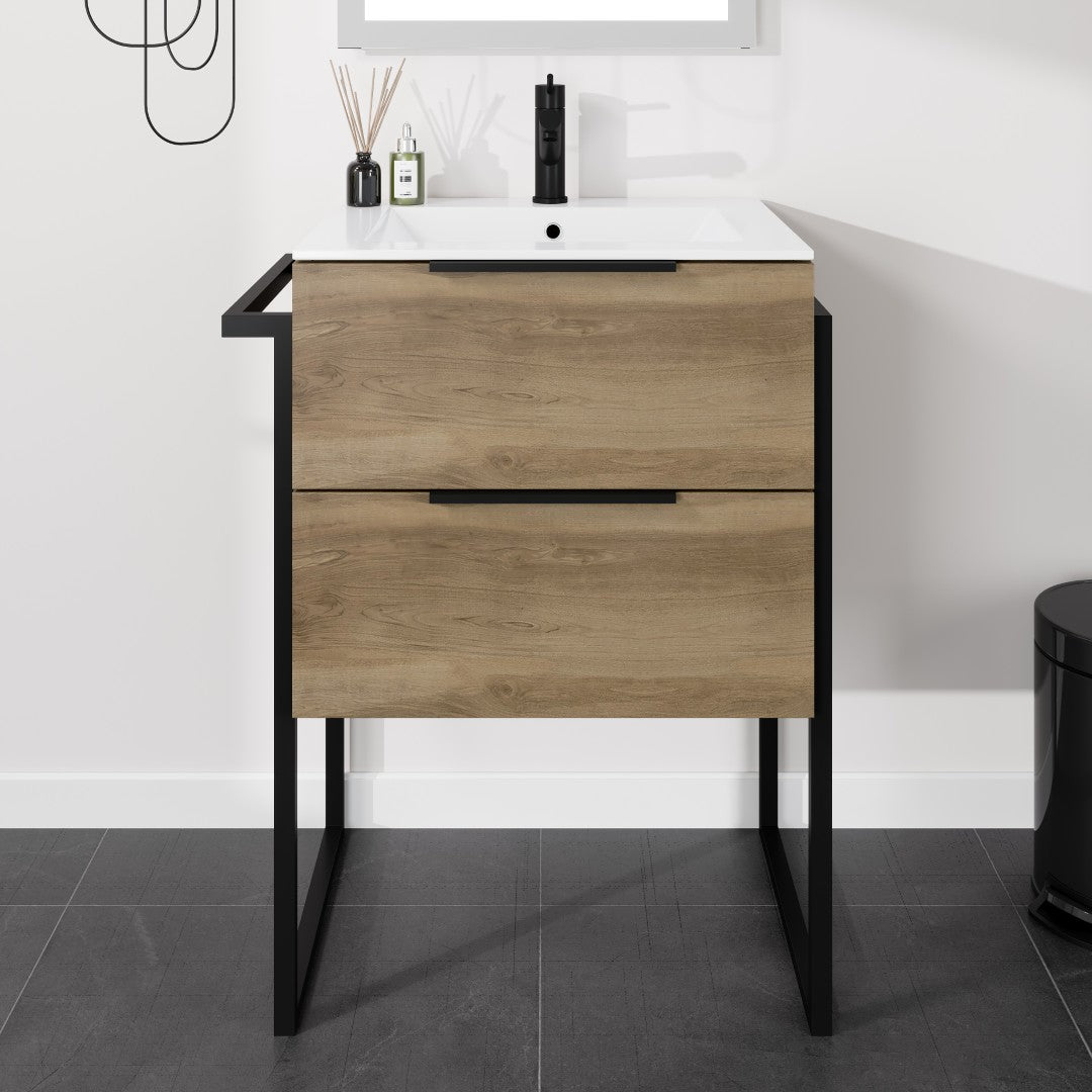 Marina 27 in. Natural Oak Single Sink Bath Vanity with Porcelain Top and Integrated Sink