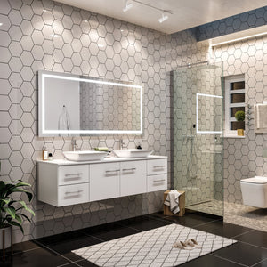 Wave 60 in. White Wall Mount Double Sink  Bath Vanity with White Quartz Top and Vessel Porcelain Sinks