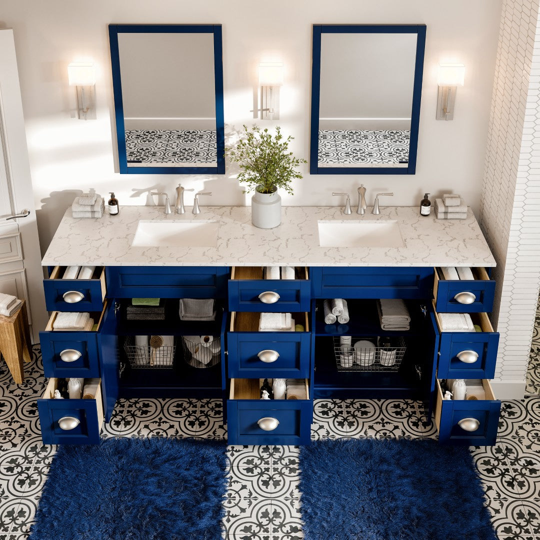Epic 84 in. Blue Double Sink  Bath Vanity with Carrara Quartz Top and Undermount Porcelain Sinks
