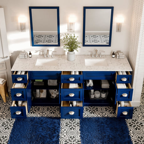 Epic 84 in. Blue Double Sink  Bath Vanity with Carrara Quartz Top and Undermount Porcelain Sinks
