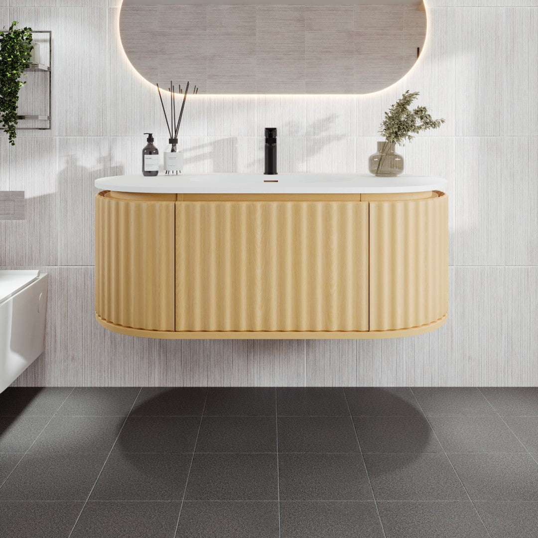 Haven 39 in. Natural Oak Wall Mount Single Sink Bath Vanity with Solid Surface Top and Integrated Sink