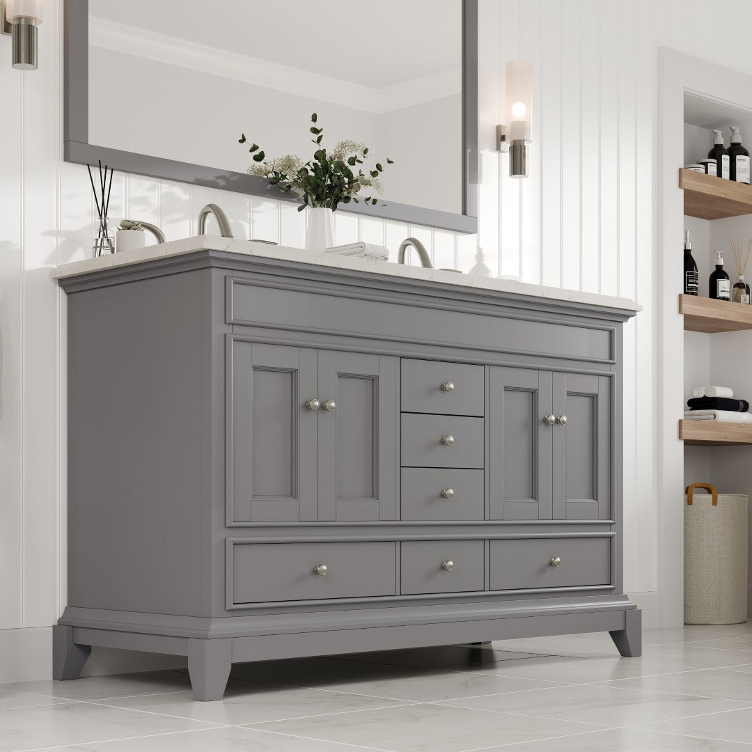 Elite Stamford 48 in. Gray Double Sink  Bath Vanity with Carrara Quartz Top and Undermount Porcelain Sinks