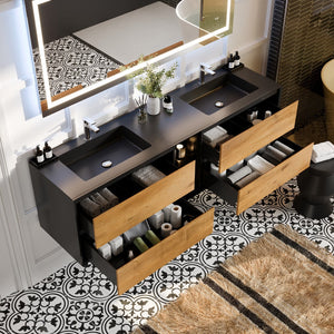Vienna 75 in. Oak Wall Mount Double Sink  Bath Vanity with Acrylic Top and Integrated Sinks