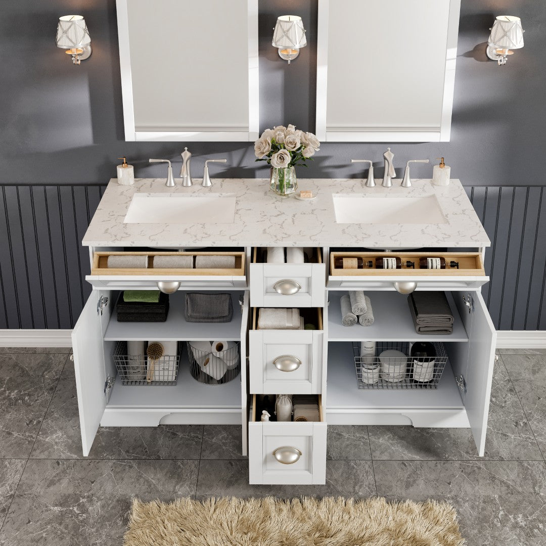 Epic 60 in. White Double Sink  Bath Vanity with Carrara Quartz Top and Undermount Porcelain Sinks