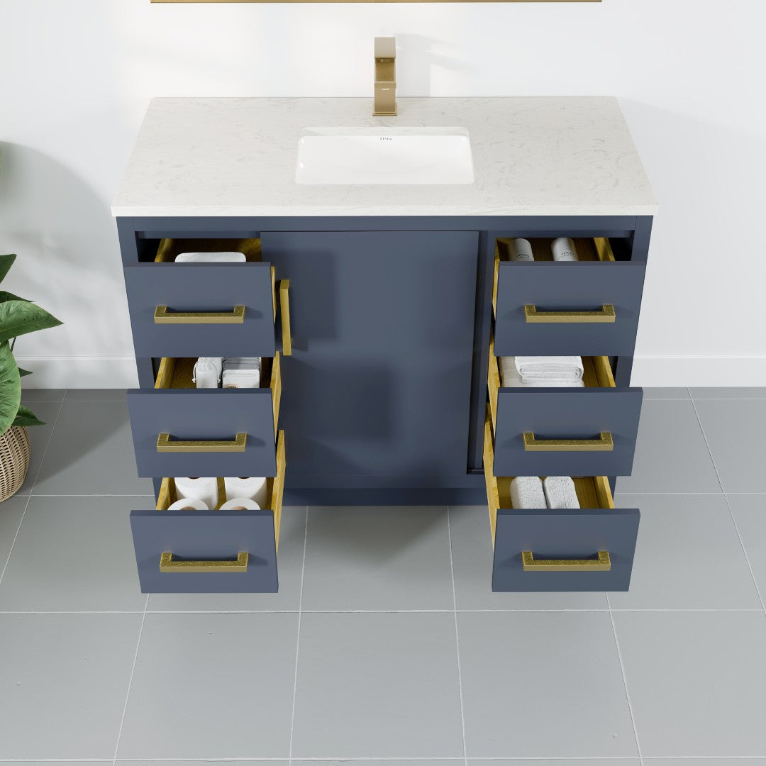 Curio 42 in. Dark Blue Single Sink Bath Vanity with Carrara Quartz Top and Undermount Porcelain Sink