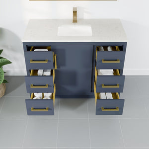 Curio 42 in. Dark Blue Single Sink Bath Vanity with Carrara Quartz Top and Undermount Porcelain Sink